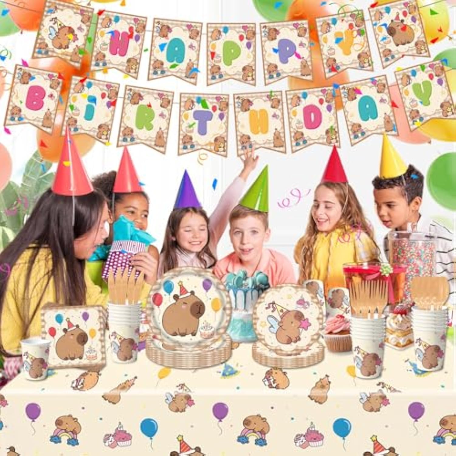 Capybara Birthday Party Decorations, 182Pcs Capybara Party Tableware Set, Capybara Party Supplies Including - Plates, Cups, Napkins, Tablecloth, Cutlery & Happy Birthday Banner, Serves 24
