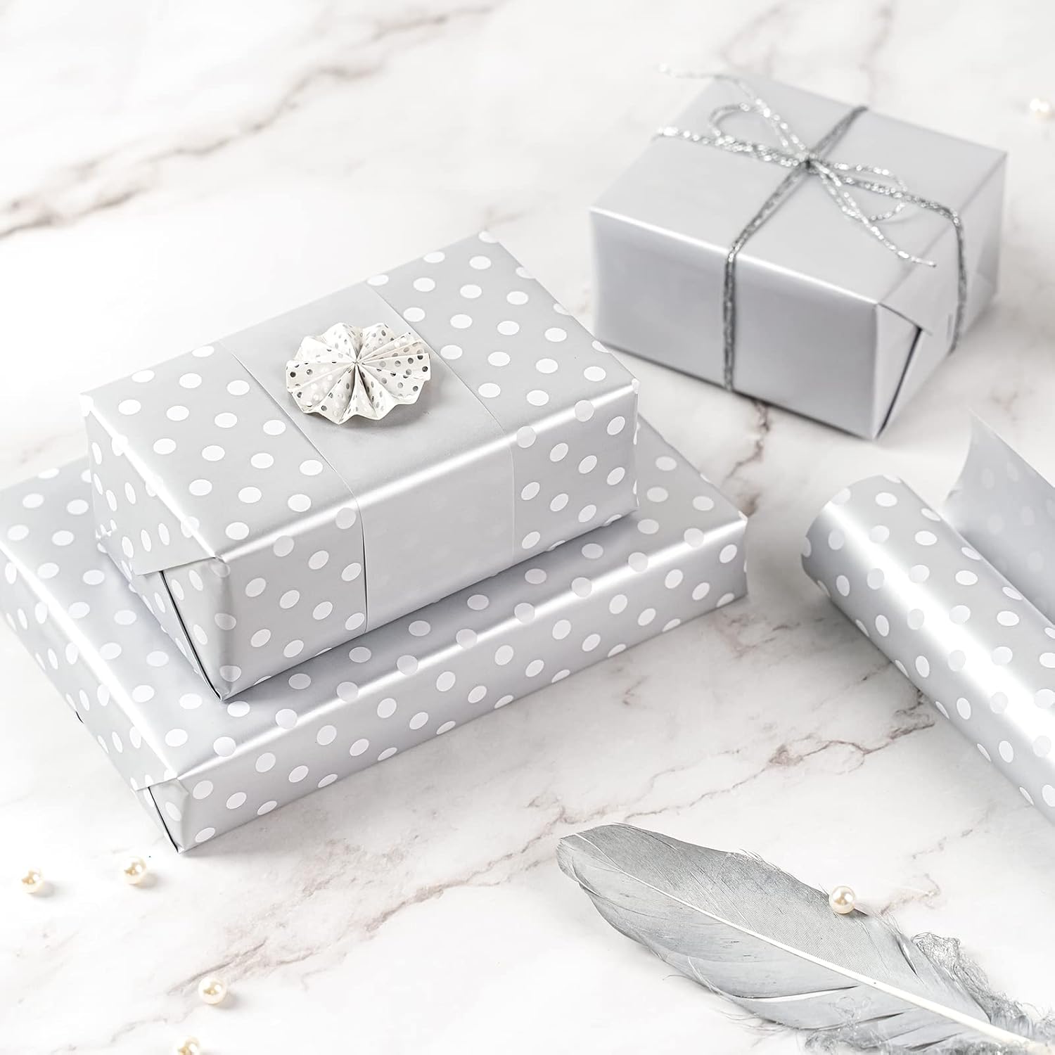 Reversible Wrapping Paper - Mini Roll - 17 Inch X 33 Feet - Silver Print And Polka Dot Design For Birthday, Holiday, Wedding, Baby Shower