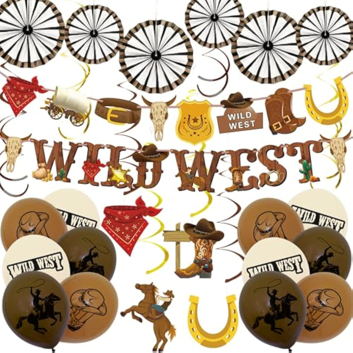 30 Pcs Wild West Cowboy Party Decorations With Banners Hanging Swirls Ceiling Streamers Balloons Paper Wheel Decorations For Birthday Baby Shower Western Theme Party Decor