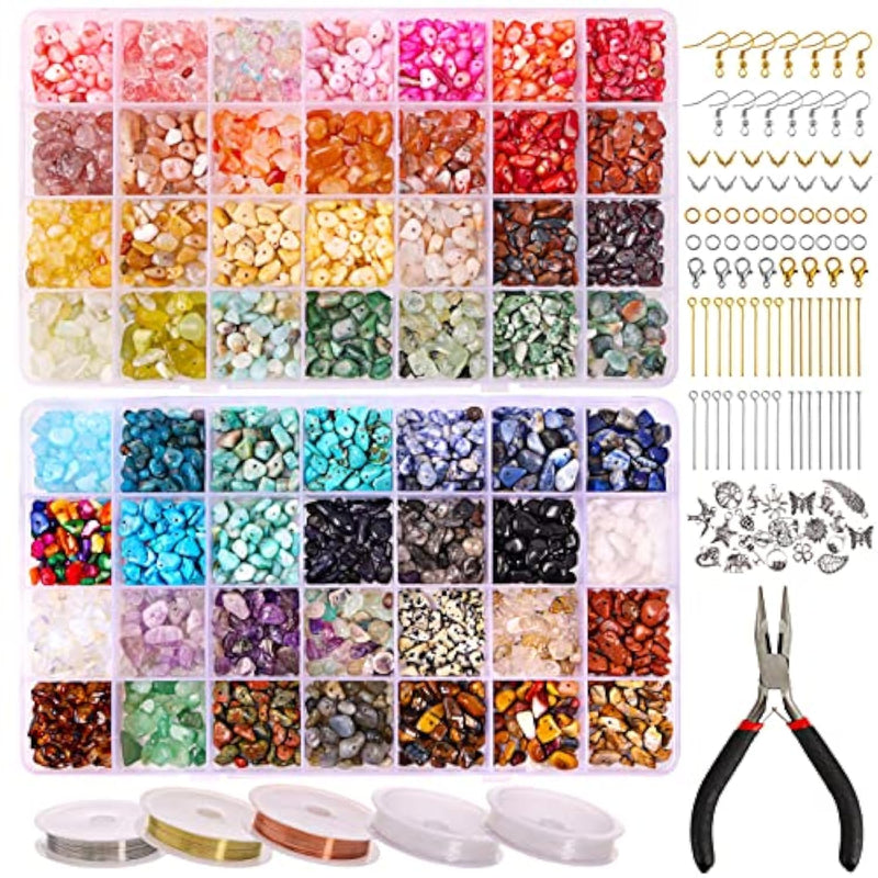 1800Pcs 56 Colors Crystal Beads, Ring Making Kit, Gemstone Chip Beads Irregular Natural Stone With Jewelry Making Supplies For Diy Craft Bracelet Necklace Earrings, Craft Gifts
