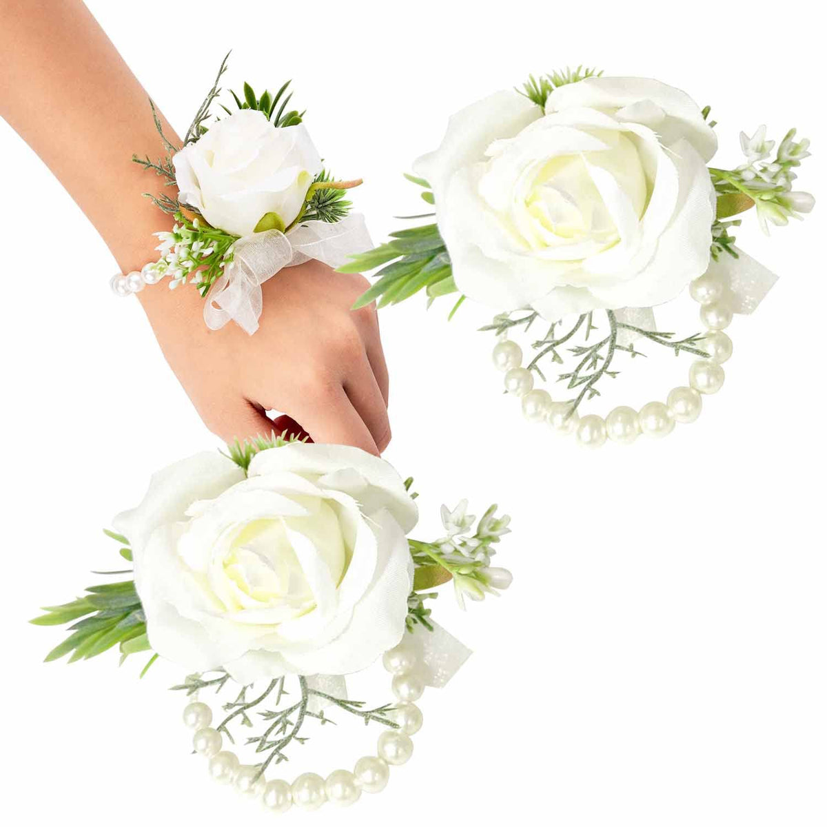 2 Pcs Wedding White Rose Wrist Flowers Artificial Rose Flowers For Ceremony Prom Party Accessories