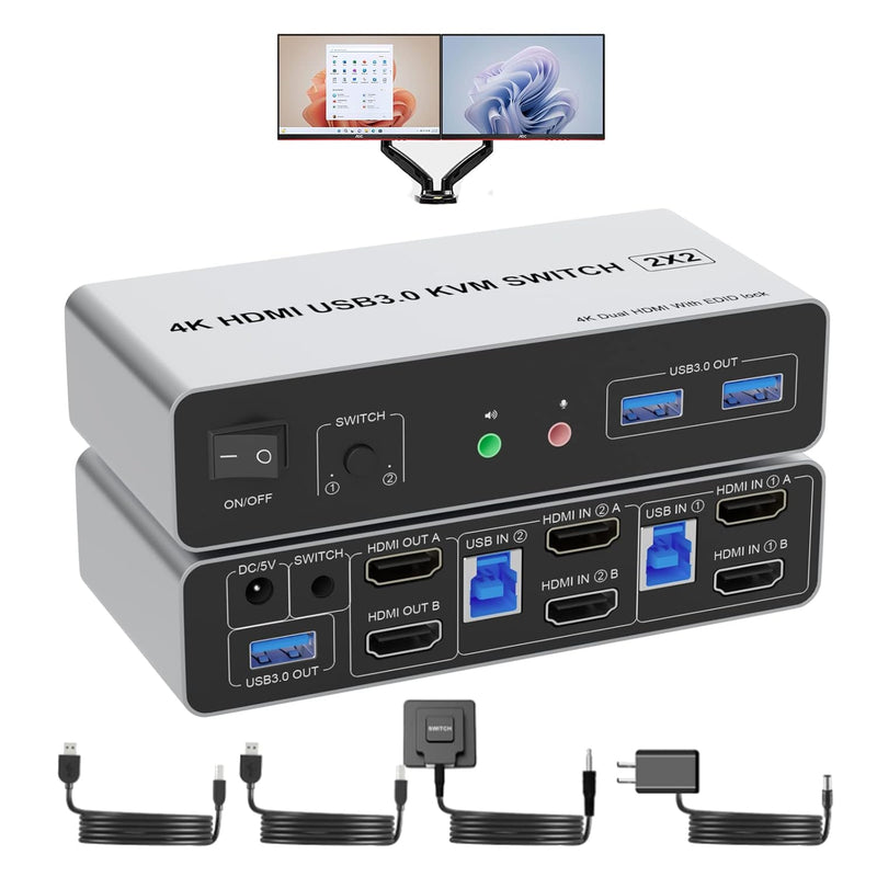 Usb 3.0 Hdmi Kvm Switch Dual Monitor 2 Computers, Support Edid, 4K@60Hz Hdmi K