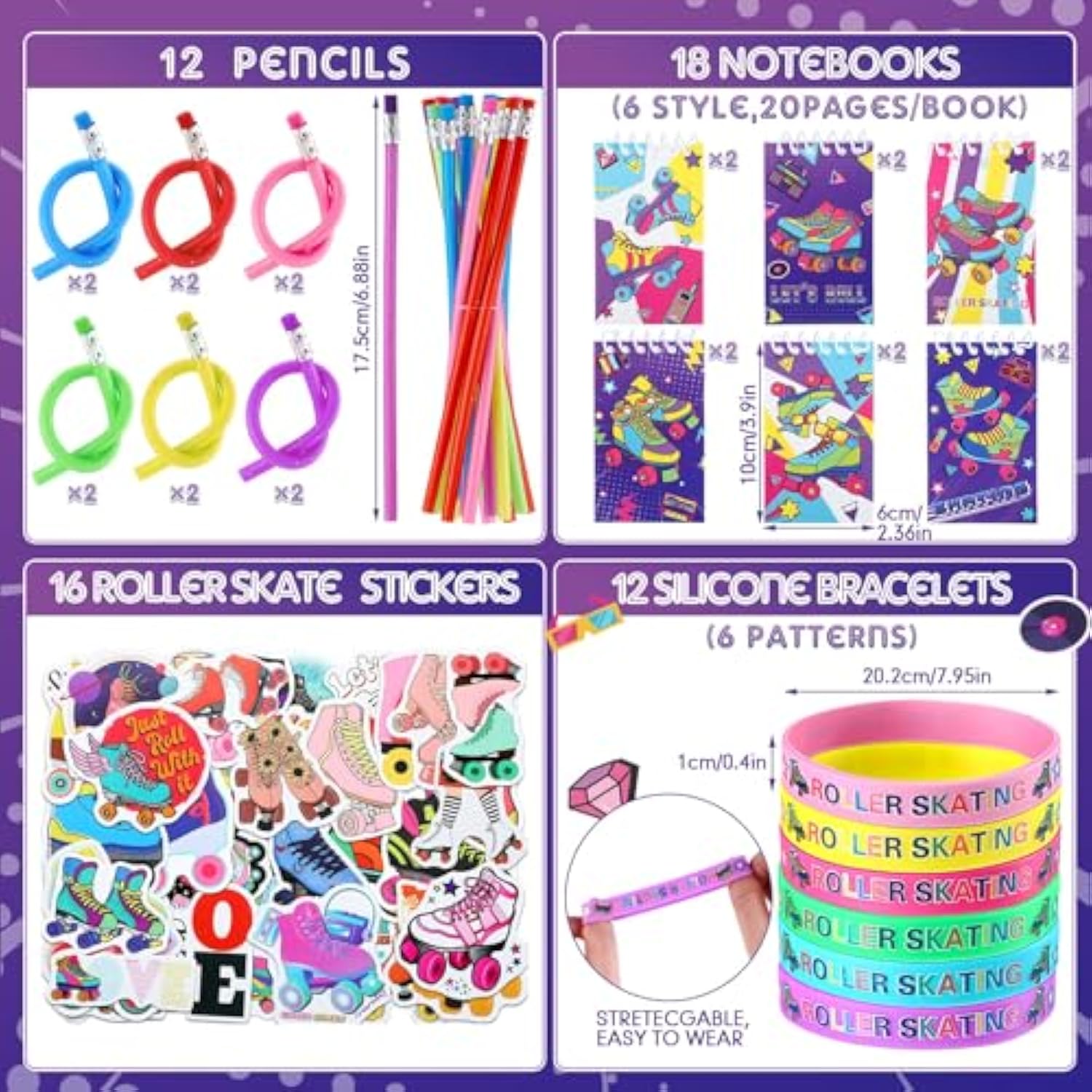 140 Pcs Roller Skate Party Favors Includes 12 Drawstring Backpacks 12 Silicone Wristbands 12 Badges 12 Keychains 18 Notepads 12 Pencils 12 Slap Bracelets 50 Stickers For Retro Hip Hop Party