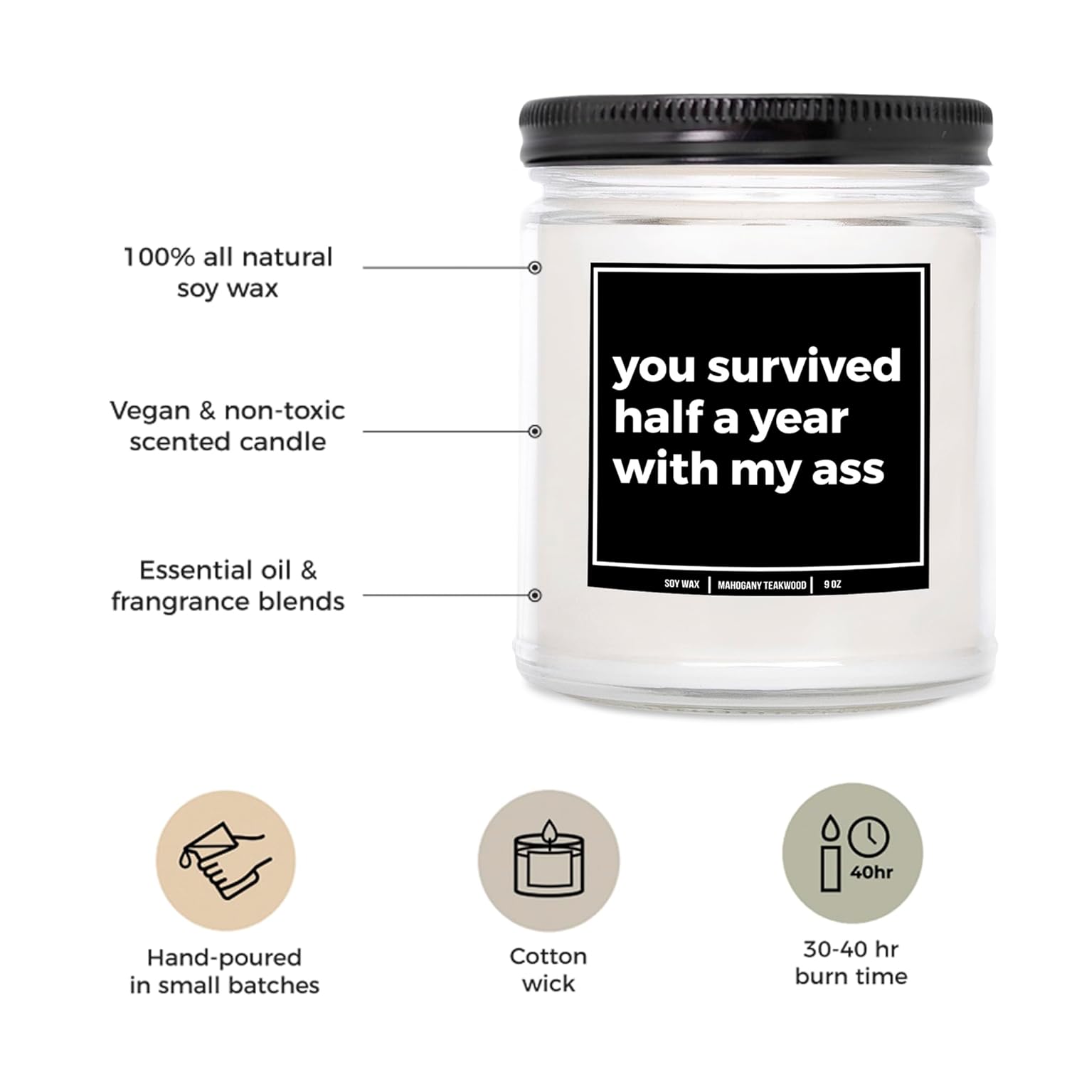 You Nique Designs 6 Month Anniversary Present - 9Oz Candle Gifts For Monthly Anniversaries - 6 Month Anniversary Candle For Boyfriend, Girlfriend - 6 Months Gift Ideas (Mahogany Teakwood)