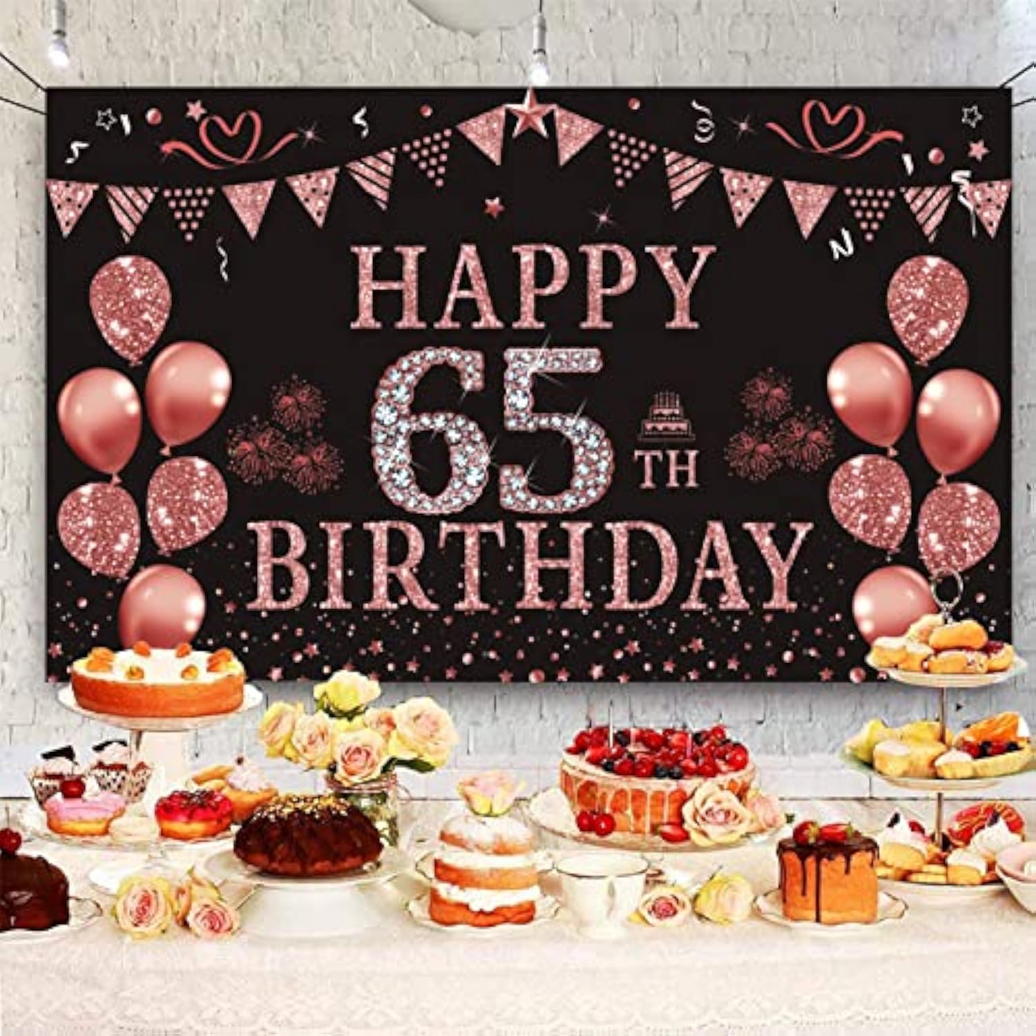 65Th Birthday Decorations For Women 65 Year Old Rose Gold Birthday Backdrop Banner 5.9 X 3.6 Fts Happy Birthday Party Suppiles Photography Supplies Background Happy 65Th Birthday Decoration