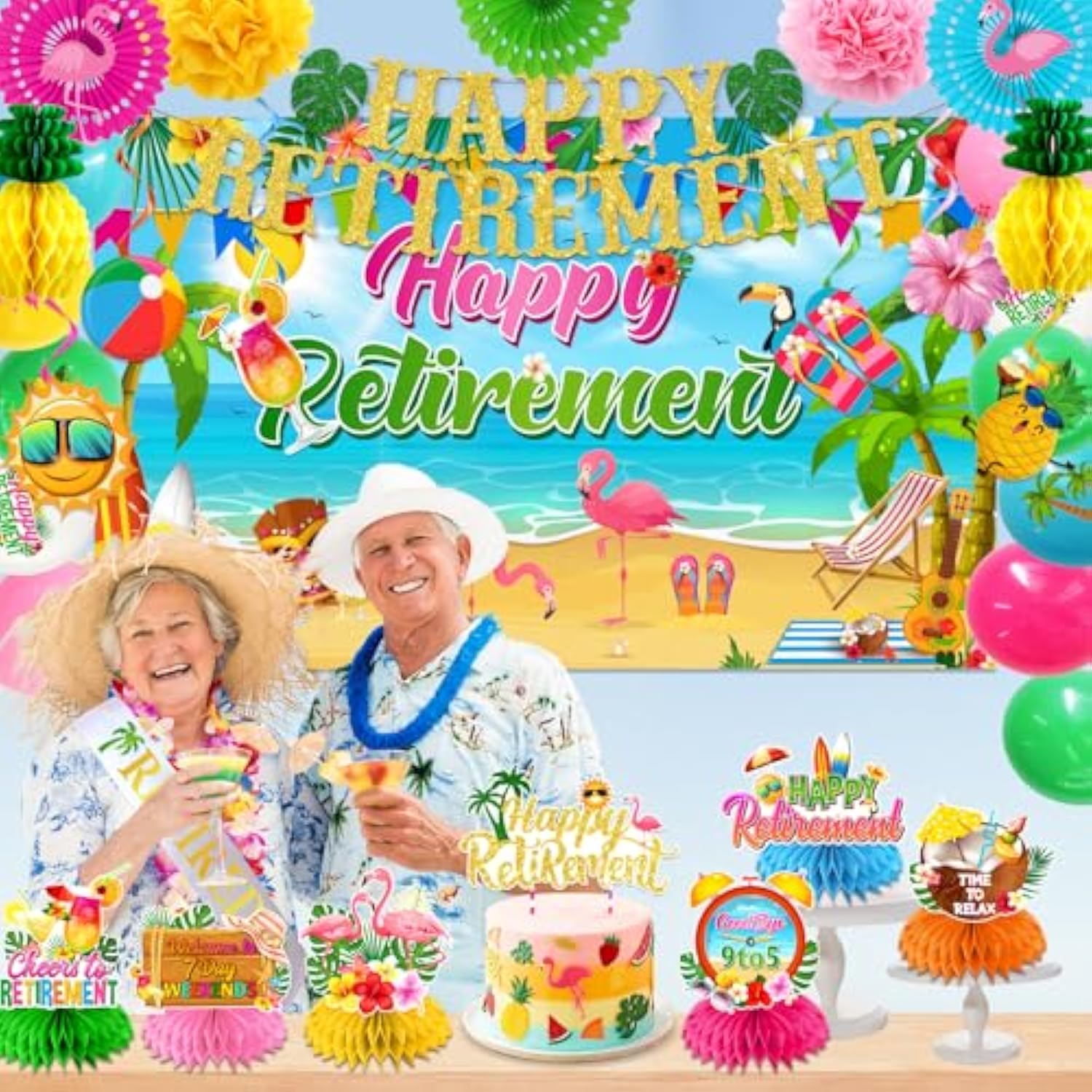 Beach Retirement Party Decorations, Aloha Party Decorations Includes Happy Retirement Banner Hawaiian Backdrop And Hanging Swirls Honeycomb Centerpieces, For Aloha Decor
