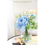 Artificial Flowers In Glass Vase With Fake Water, Silk Rose Dahlia Flower Bouquet For Home Dinning Tea Table, Office Desktop, Hotel, Wedding, Party, Lavatory Decor & Gift (Blue & White)