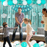Teal Birthday Party Decor for Her – Balloons, Banner, Curtains & Tablecloth Set