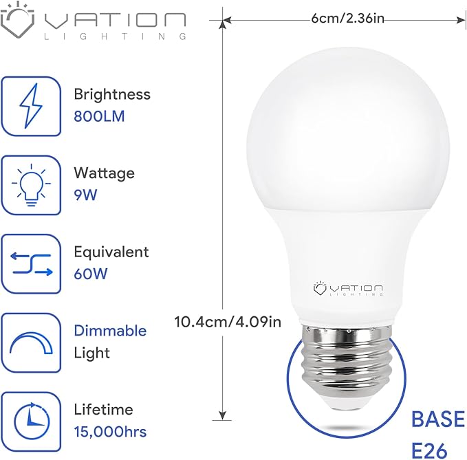 12 Pack A19 Dimmable LED Light Bulbs 9W 60W Equivalent 3000K Warm White 800 Lumens E26 Base