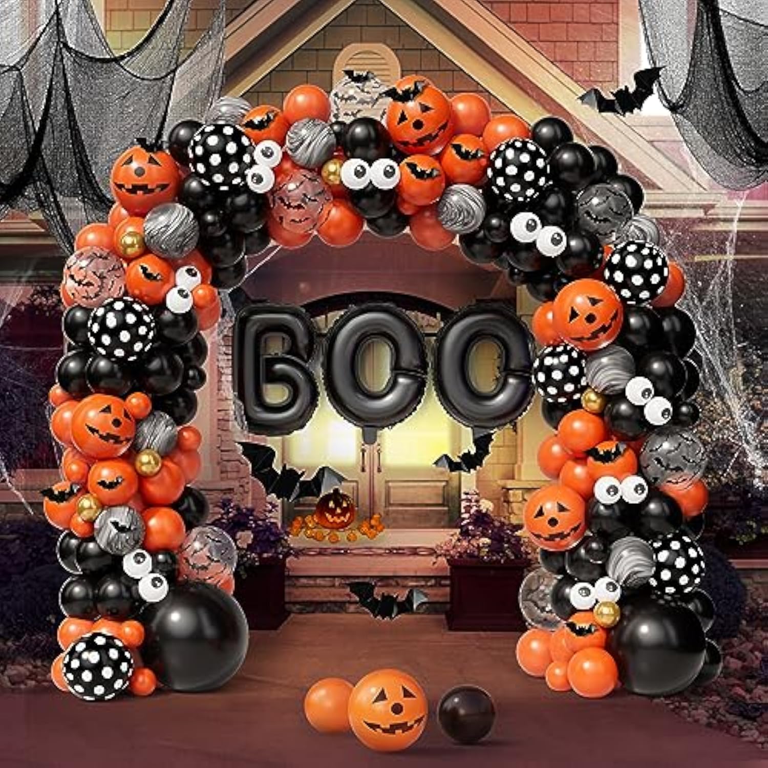 141Pcs Halloween Balloon Arch Kit - Black, Orange, Gold with BOO, Bats & Marble Balloons