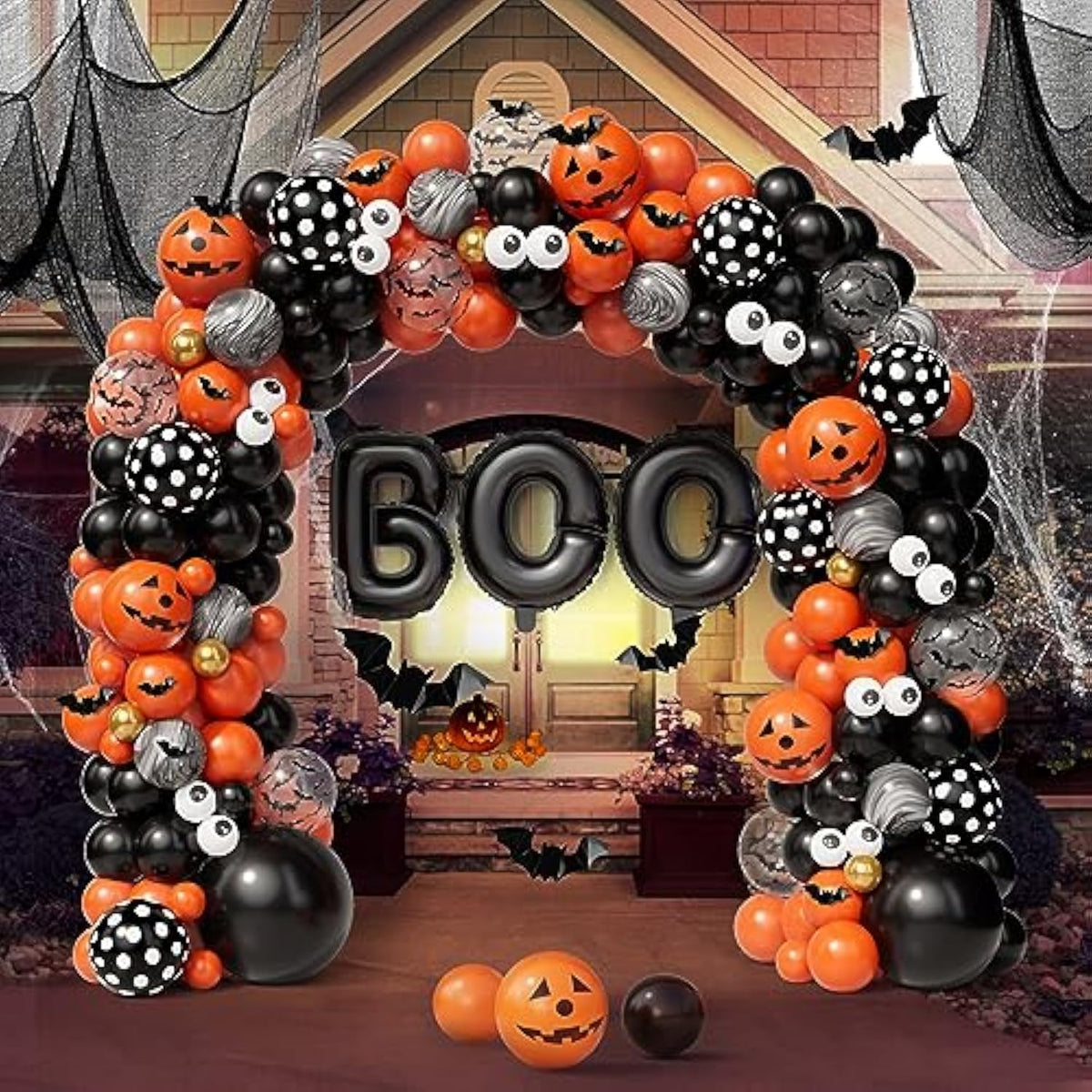 141Pcs Halloween Balloon Arch Kit - Black, Orange, Gold with BOO, Bats & Marble Balloons