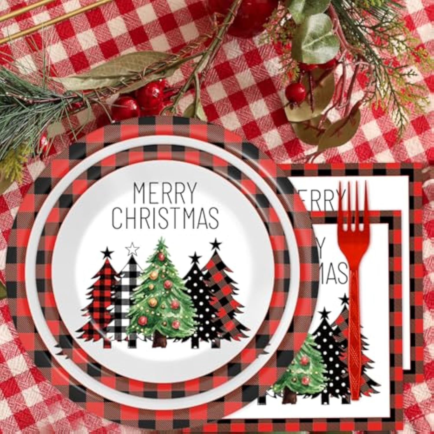 96 Pcs Christmas Red And Black Buffalo Plaid Paper Plates And Napkins For Merry Christmas Party Supplies Black Red Plaid Xmas Trees Party Tableware For 24 Guests Winter Xmas Party Decorations