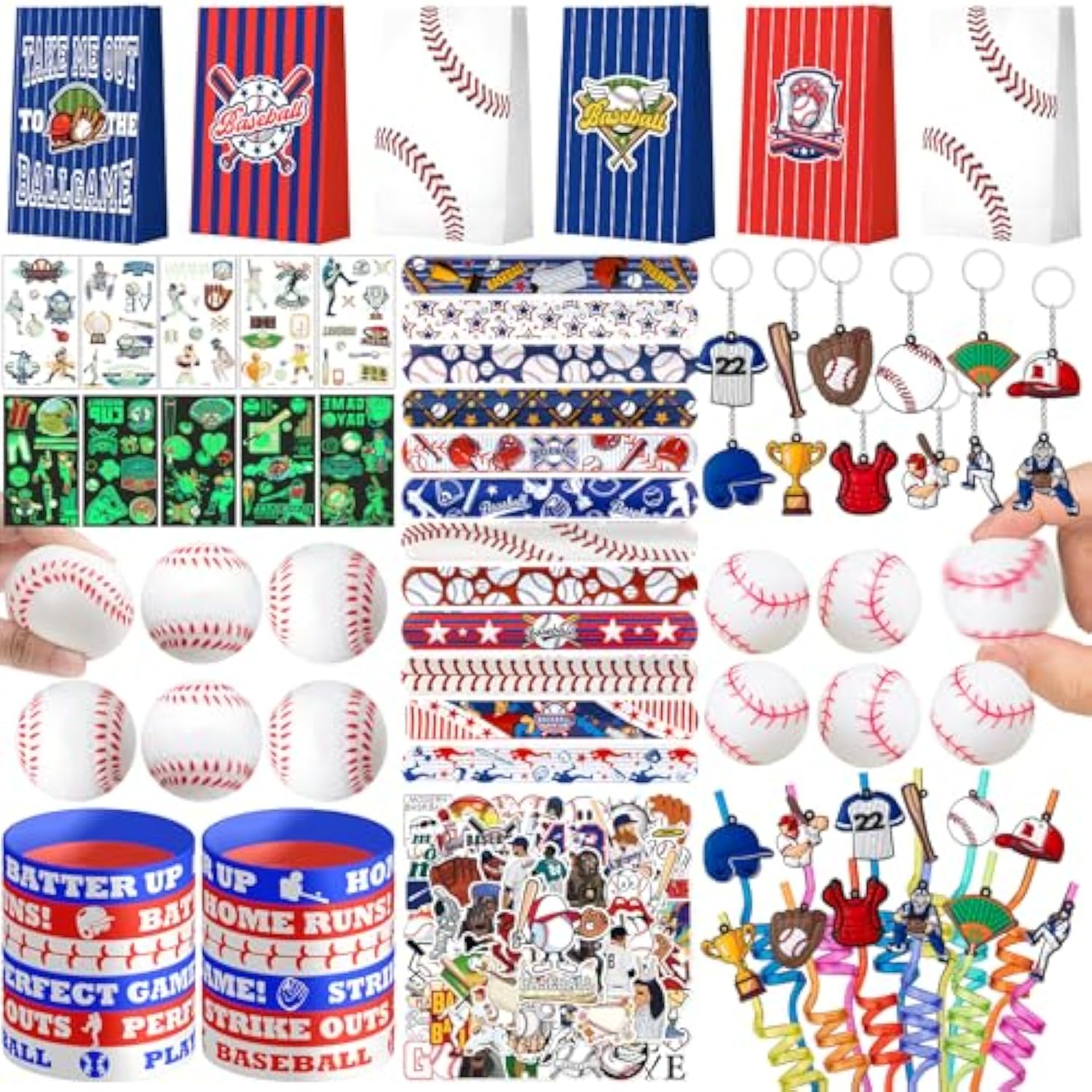 Baseball Party Favors, 132Pcs Goodie Bags Set, Stickers, Keychains, Birthday Party Decorations, Team Gifts For Kids