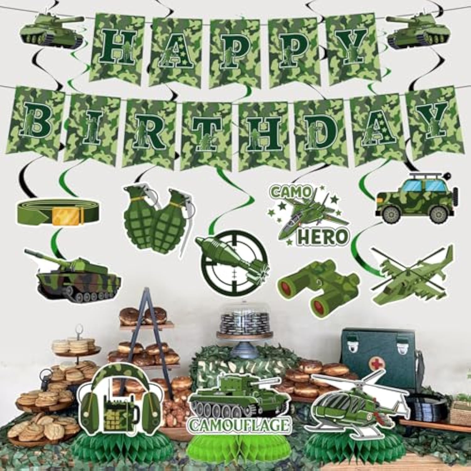 Camo Birthday Party Decorations - 13Pcs Army Party Decorations Set Military Themed Happy Birthday Banner Hanging Swirls Honeycomb Centerpieces Decor Supplies For Boys