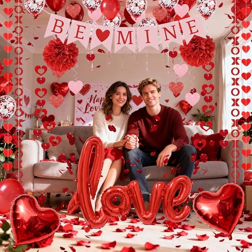 67Pcs Red Valentine's Day Decoration Set, BE MINE Banner, Foil Love Balloons, Love Heart XO Garlands, 500Pcs Rose Petals, Hanging Swirls, Pre-Assembled Set for Party Home Wedding Classroom Office