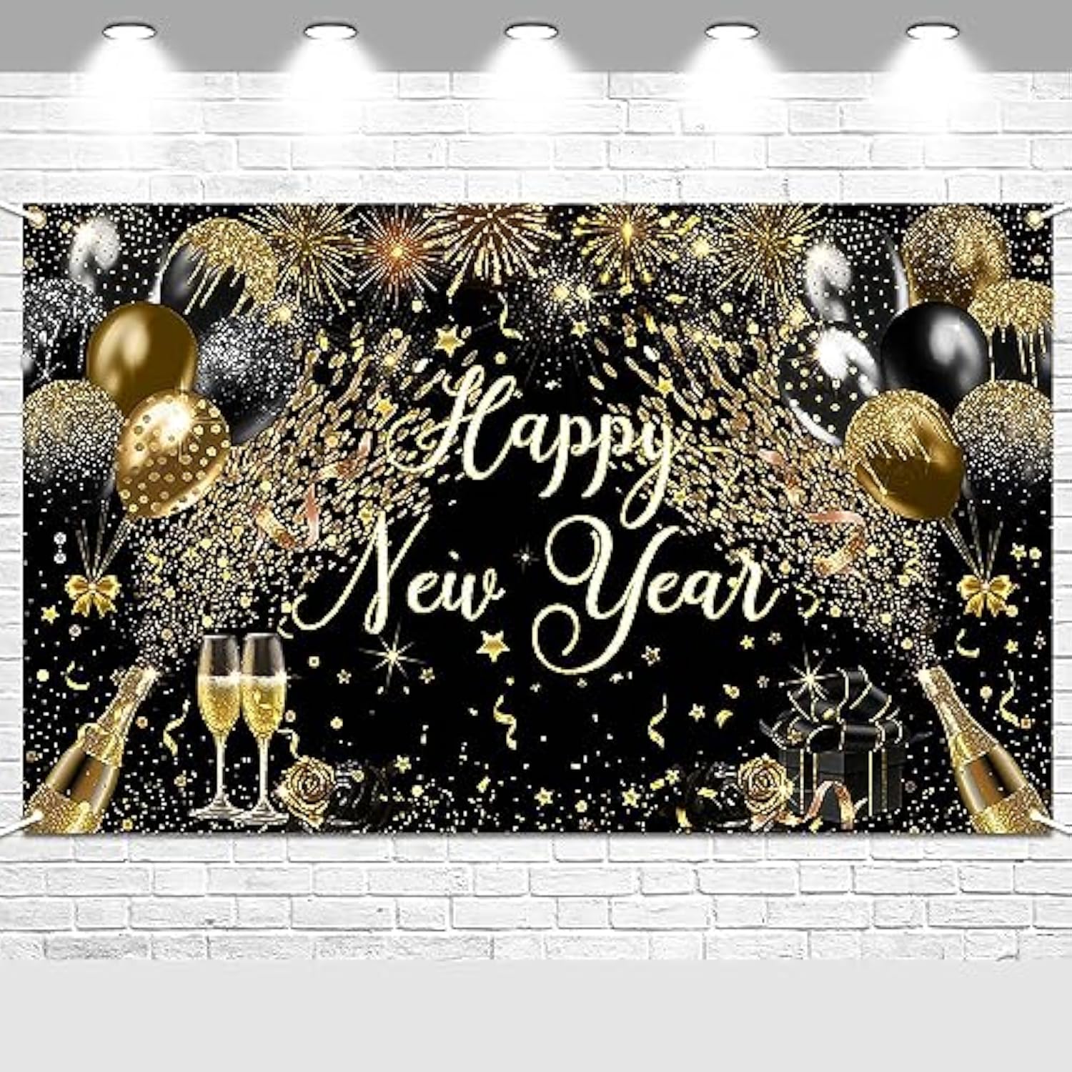 New Year 2026 Black Gold Party Banner with Fireworks Photo Props 6x3.6 Ft