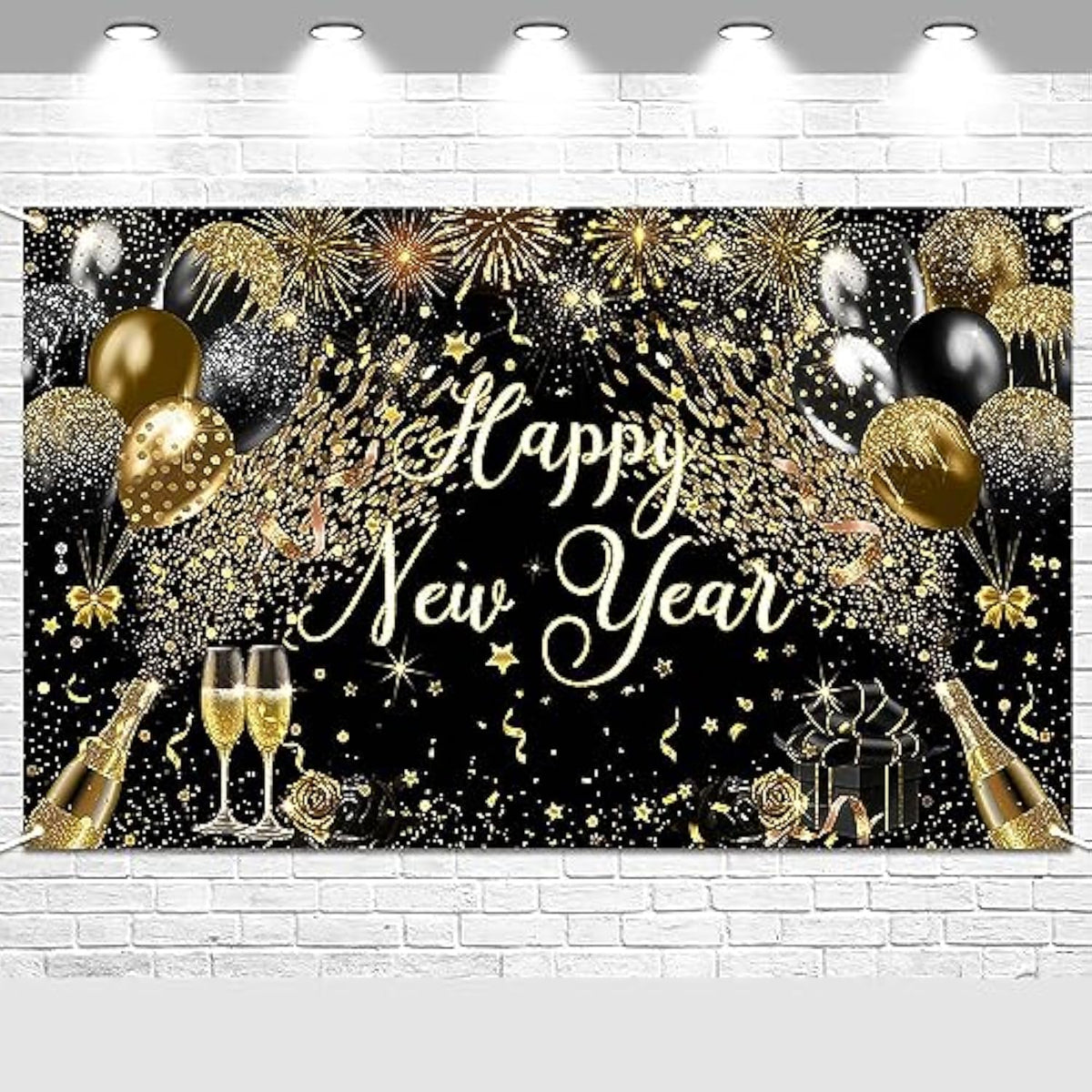 New Year 2026 Black Gold Party Banner with Fireworks Photo Props 6x3.6 Ft