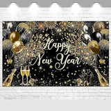 New Year 2026 Black Gold Party Banner with Fireworks Photo Props 6x3.6 Ft