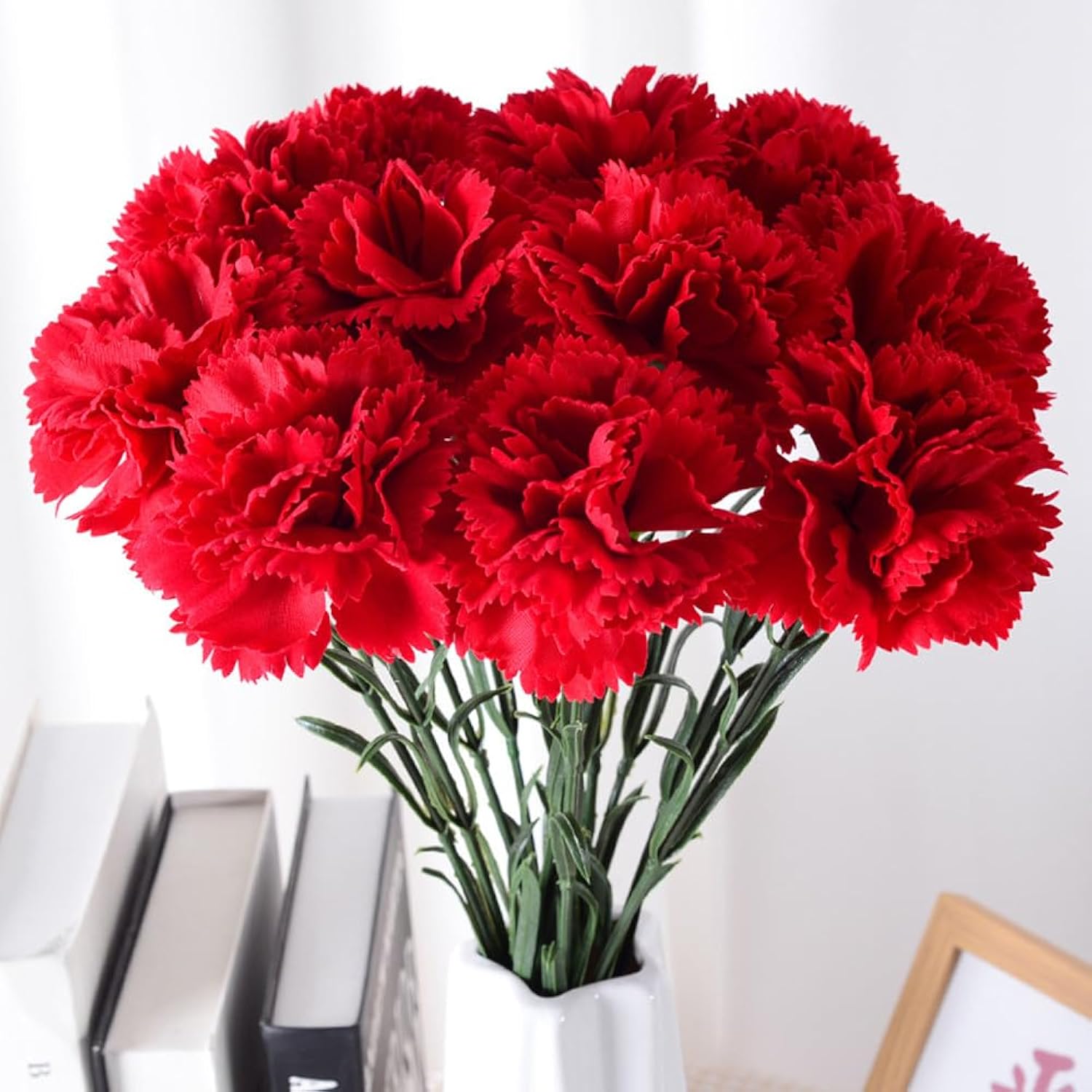 Silk Carnation Flower,Artificial Flowers,10Pcs Silk Flower With 55Cm Long Stem Fake Flowers Flower Arrangements Wedding Decoration Table Centerpieces, For Home Office Party Decor (Red, 10)