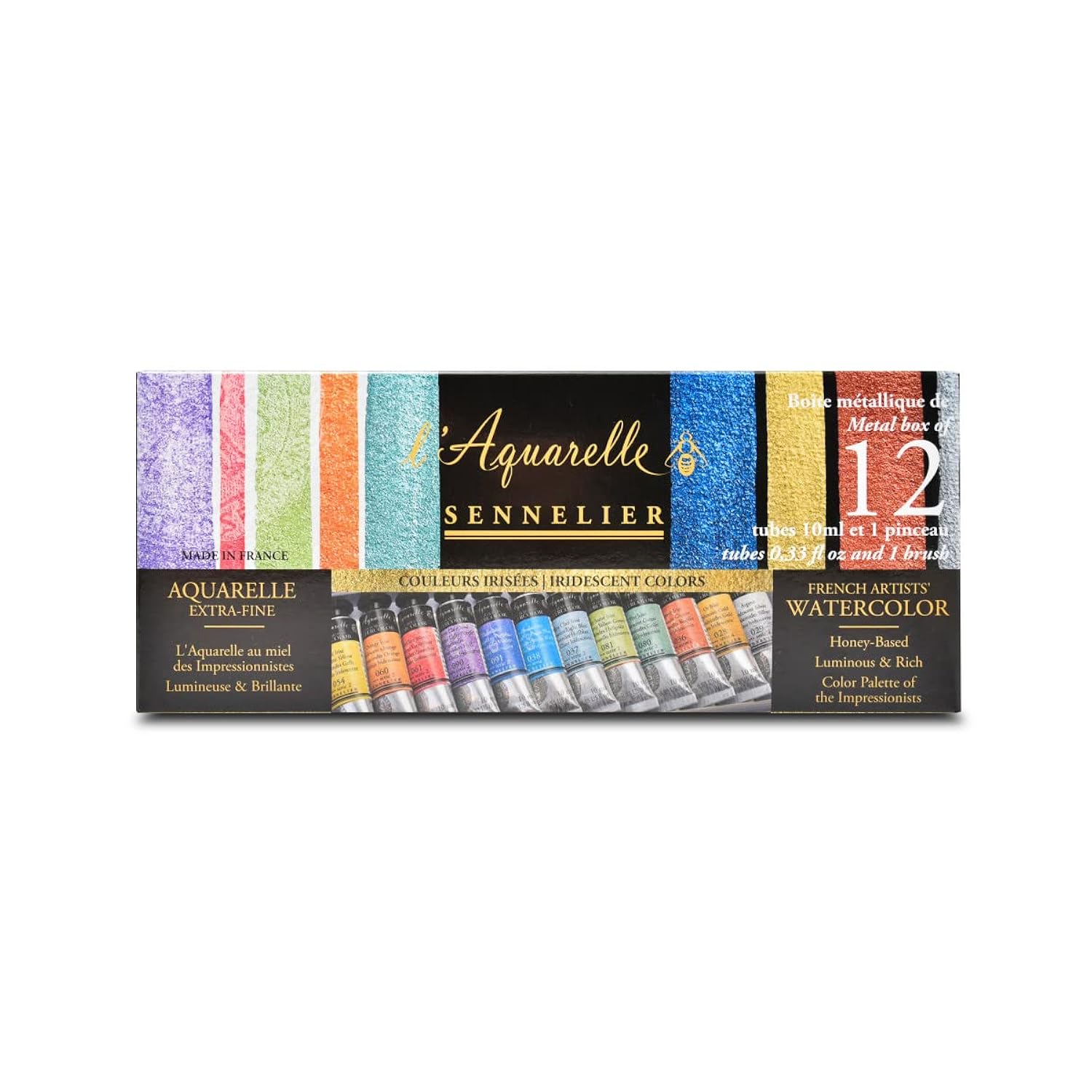 Sennelier French Artists' Watercolor Set, 10ml Tubes, 12-Color Iridescent Tin Set