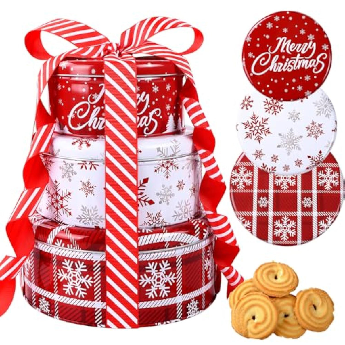 3 Pack Christmas Cookie Tins With Lids Round Christmas Tin Containers With Gift Ribbon Large Medium Small Xmas Metal Nesting Containers Festive Cookie Tins For Gift Giving Holiday Treats