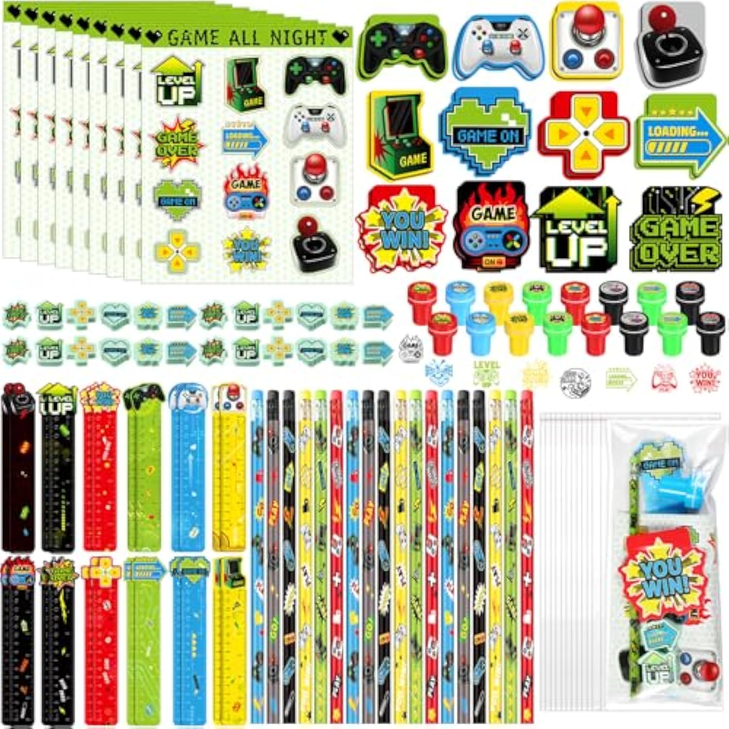 168 Pcs Video Game Party Favors Include Gaming Mini Notebook Gamer Birthday Sticker Pencil Stamper Ruler Eraser For Boy Teen Game Gifts Classroom Rewards Favor Party Supplies Decor(Bright)