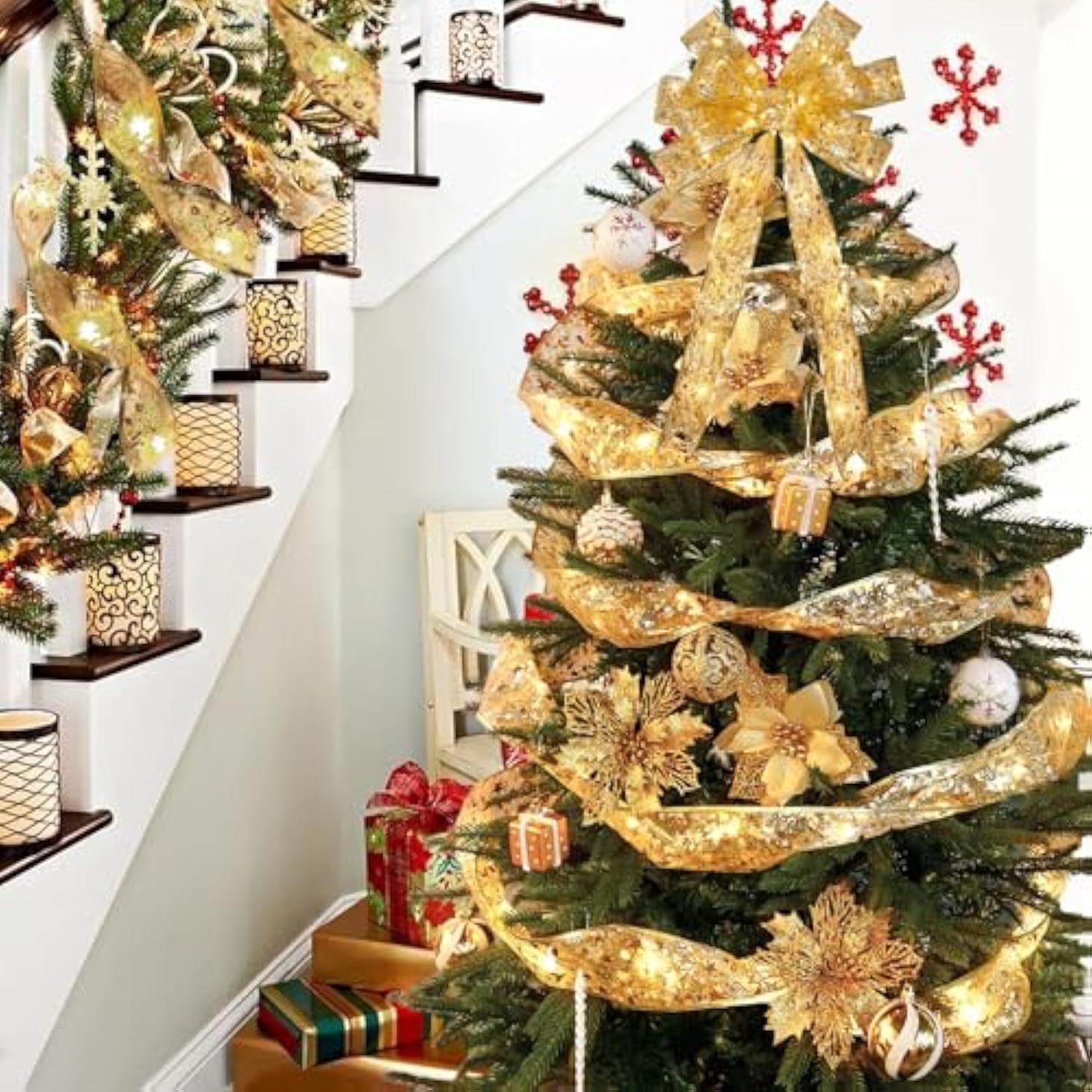 2 Pack Gold Christmas Tree Decorations, Total 40Ft 120 Led Christmas Tree Ribbon Lights Battery Powered Ribbon Bows Copp