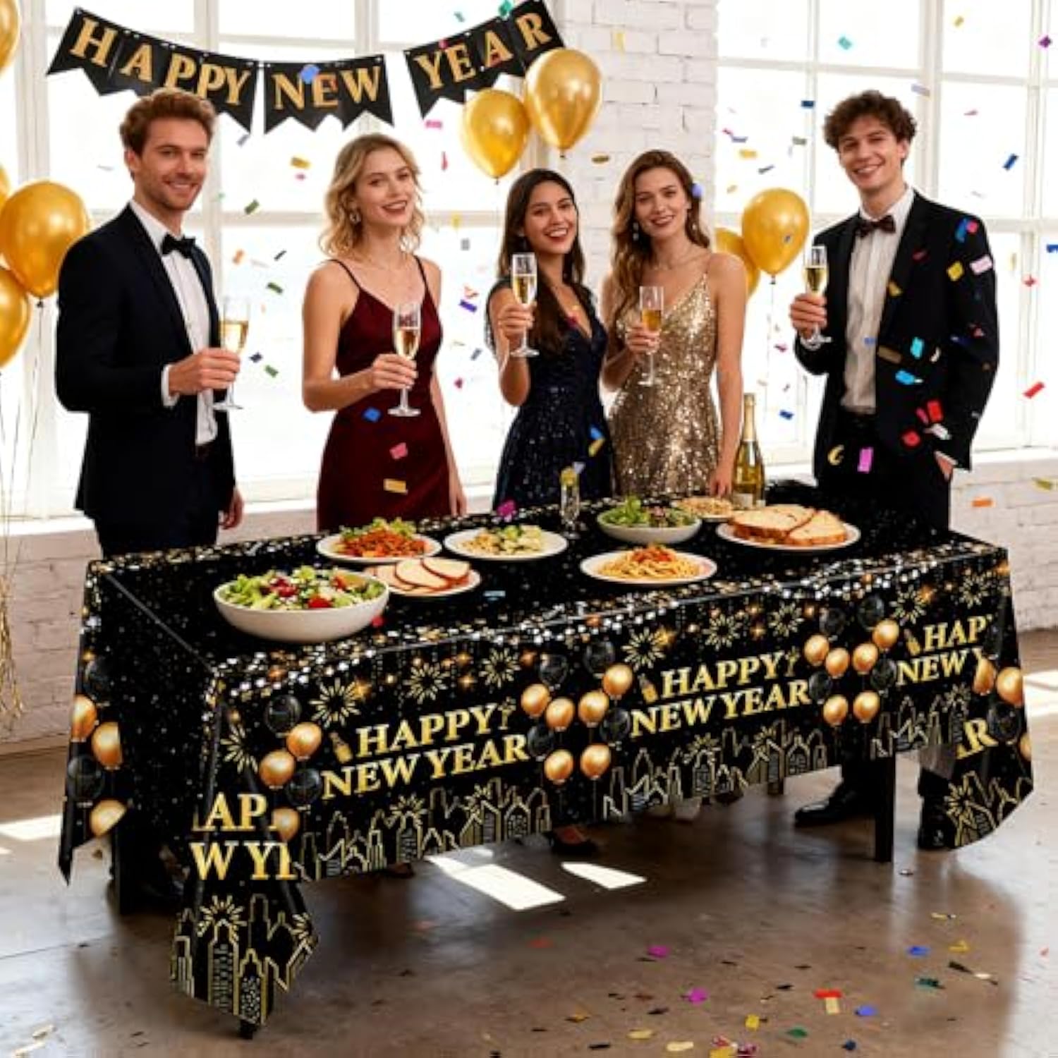 12pcs Black Gold Happy New Year Tablecloth 54x108in 2026 Party Decor