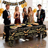 12pcs Black Gold Happy New Year Tablecloth 54x108in 2026 Party Decor
