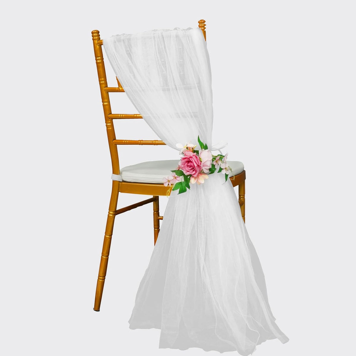 White Chair Sashes With Artificial Flower For Wedding Aisle Decorations,4Pack 6.56 Ft Chiffon Long Chair Draping Fabric Fit To Wedding Aisle Decorations,Rreceptions, Banquets, Churches