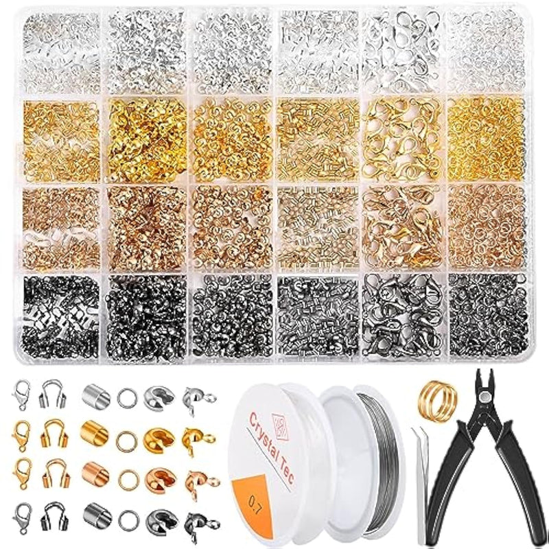2160 Pieces Crimp Beads Kit For Jewelry Making, Knot Covers, Crimp Bead Covers, Crimp Tubes, Jump Rings And Wire Guardians With Crimping Pliers, Elastic String For Bracelets Necklaces Making
