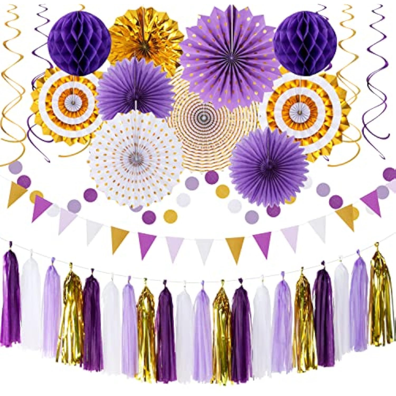 Purple-Gold Graduation Party-Decoration - 33Pcs Kits Banner, Streamers Tassel Garland,Tissue Pom Poms Honeycomb, Paper Lantern Fans,Wedding Girl Birthday Baby Bridal Shower Decor