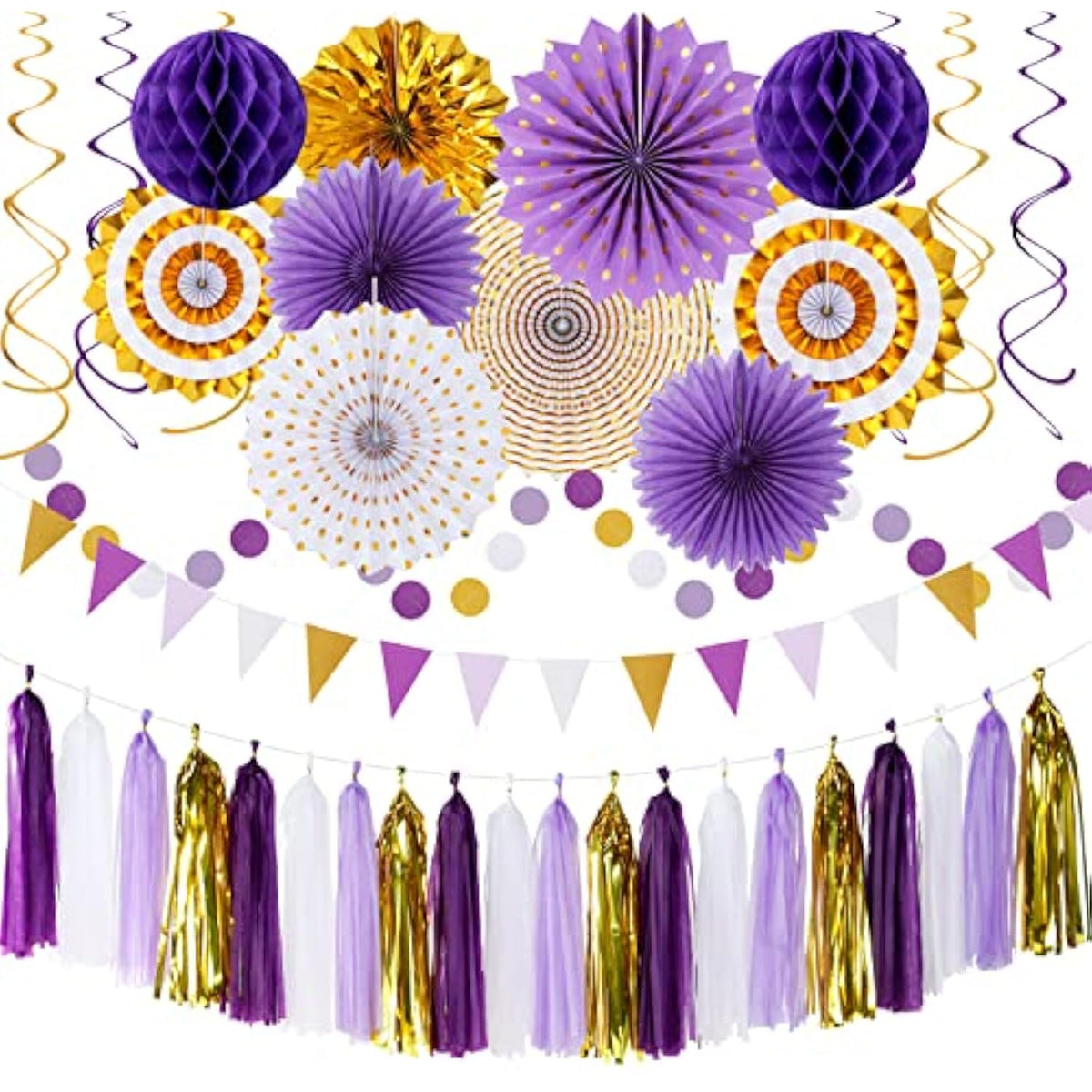 Purple-Gold Graduation Party-Decoration - 33Pcs Kits Banner, Streamers Tassel Garland,Tissue Pom Poms Honeycomb, Paper Lantern Fans,Wedding Girl Birthday Baby Bridal Shower Decor