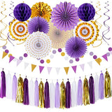 Purple-Gold Graduation Party-Decoration - 33Pcs Kits Banner, Streamers Tassel Garland,Tissue Pom Poms Honeycomb, Paper Lantern Fans,Wedding Girl Birthday Baby Bridal Shower Decor