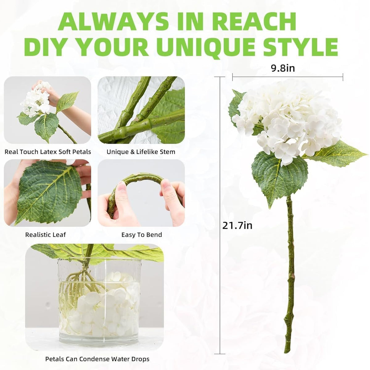 Artificial Hydrangea Flower 5Pcs 21.7 Inch Real Touch Faux Flowers Large White Fake Flower Diy Bouquet Hydrangeas With Long Stem For Home Party Wedding Centerpieces Decor