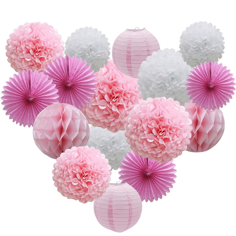 16Pcs Pink Party Decorations Paper Pom Poms Honeycomb Balls Lanterns T