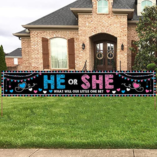 Baby Gender Reveal Decorations Banner (118.2X19.7 Inch) , He Or She Gender Reveal Party Supplies