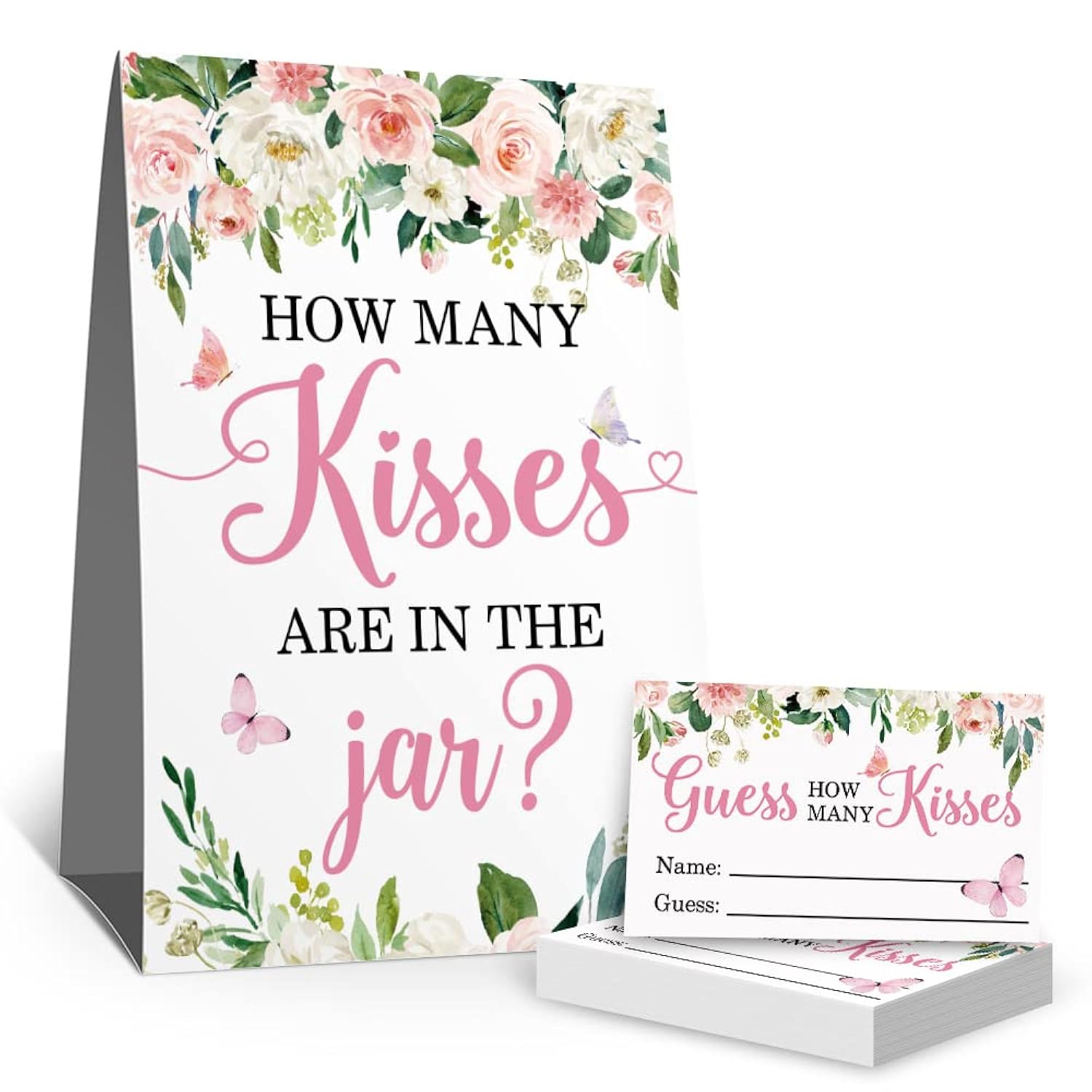 How Many Kisses Baby Shower Party Game Cards, Floral Butterfly Kisses Guessing Baby Showers Party Raffle Ticket, Bridal Shower Party Decorations Game Cards Kit (1 Standing Sign + 50 Guessing Cards)