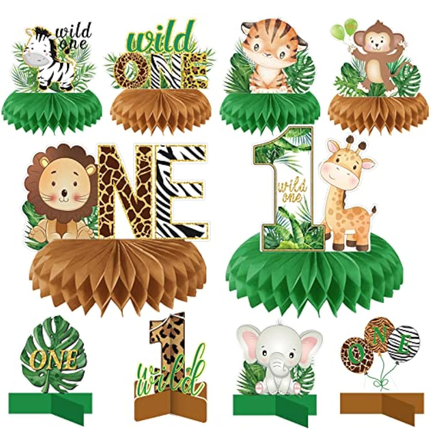 10pcs Wild One Safari Honeycomb Centerpieces for Boys/Girls Jungle Party Decor
