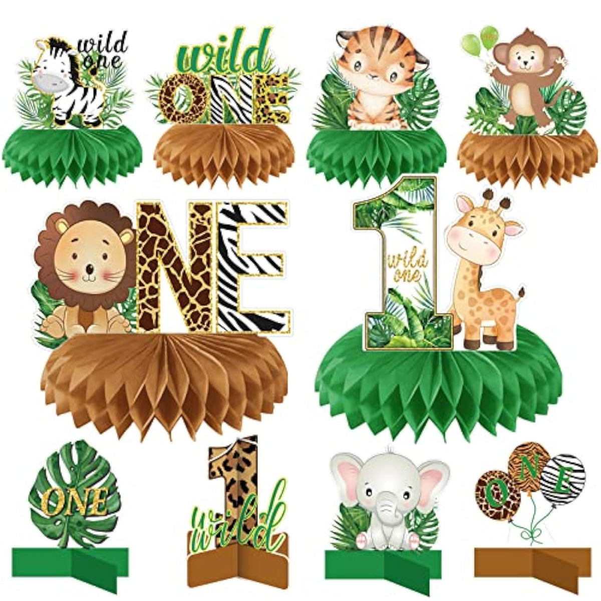 10pcs Wild One Safari Honeycomb Centerpieces for Boys/Girls Jungle Party Decor