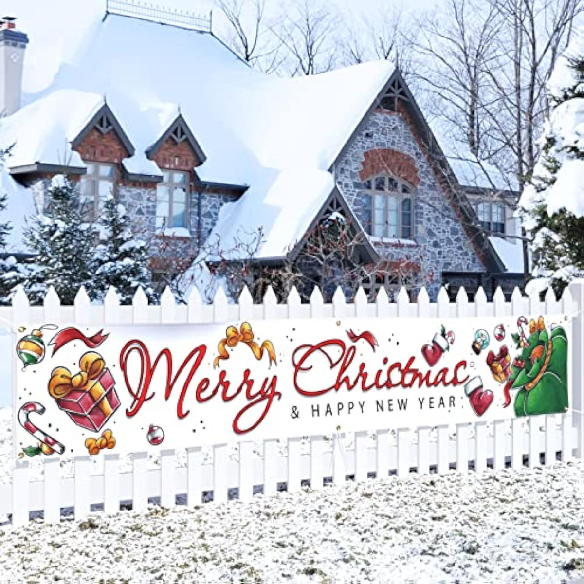 Large Merry Christmas Banner 120" X 20" Xmas Outdoor Decorations Double Printed Happy New Year Yard Sign Holiday Party Supplies Backdrop Home Decor For Garden House Fence Garage Indoor Gifts