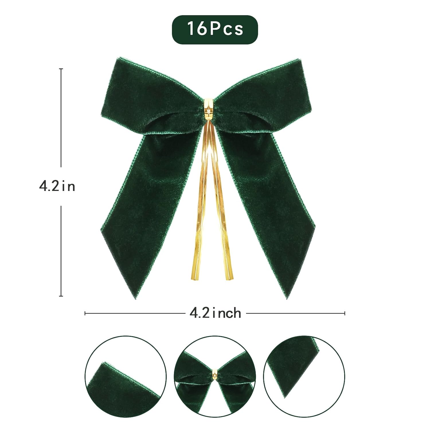 16Pack Red Velvet Christmas Bows For Christmas Tree, Small Decorative Twist Tie Ribbons For Wreath, Gift Wrapping, 3.5X3.5 Inch (Dark Green)