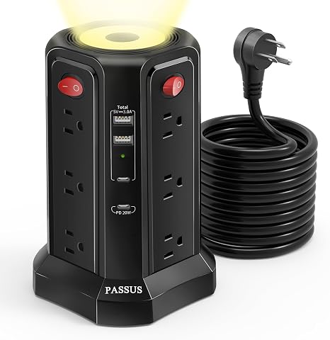 Tower Power Strip 16FT Extension Cord PD20W USB C 4 USB Ports Night Light Charging Station Black