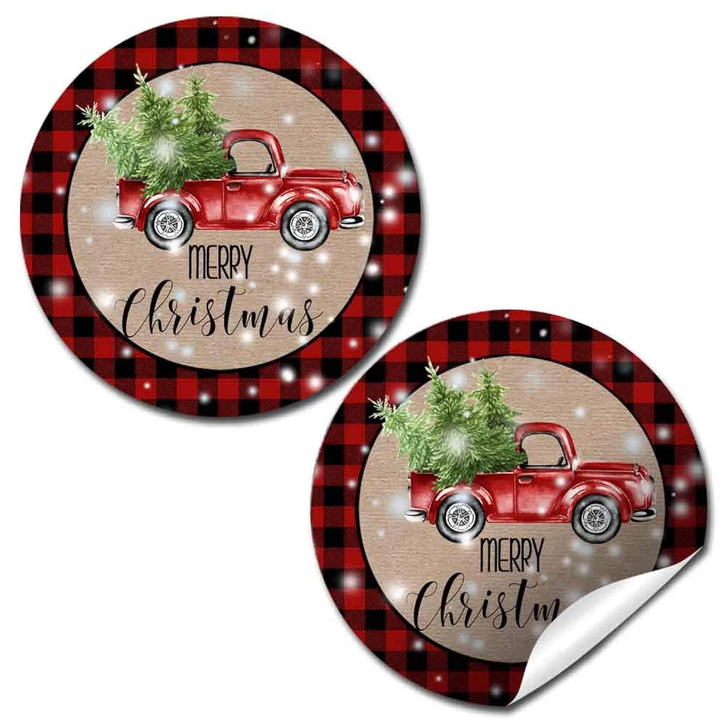 Watercolor Red Pickup Truck Snowy Christmas Thank You Sticker Labels, 40 2" Party Circle Stickers By Amandacreation, Great For Party Favors, Envelope Seals & Goodie Bags