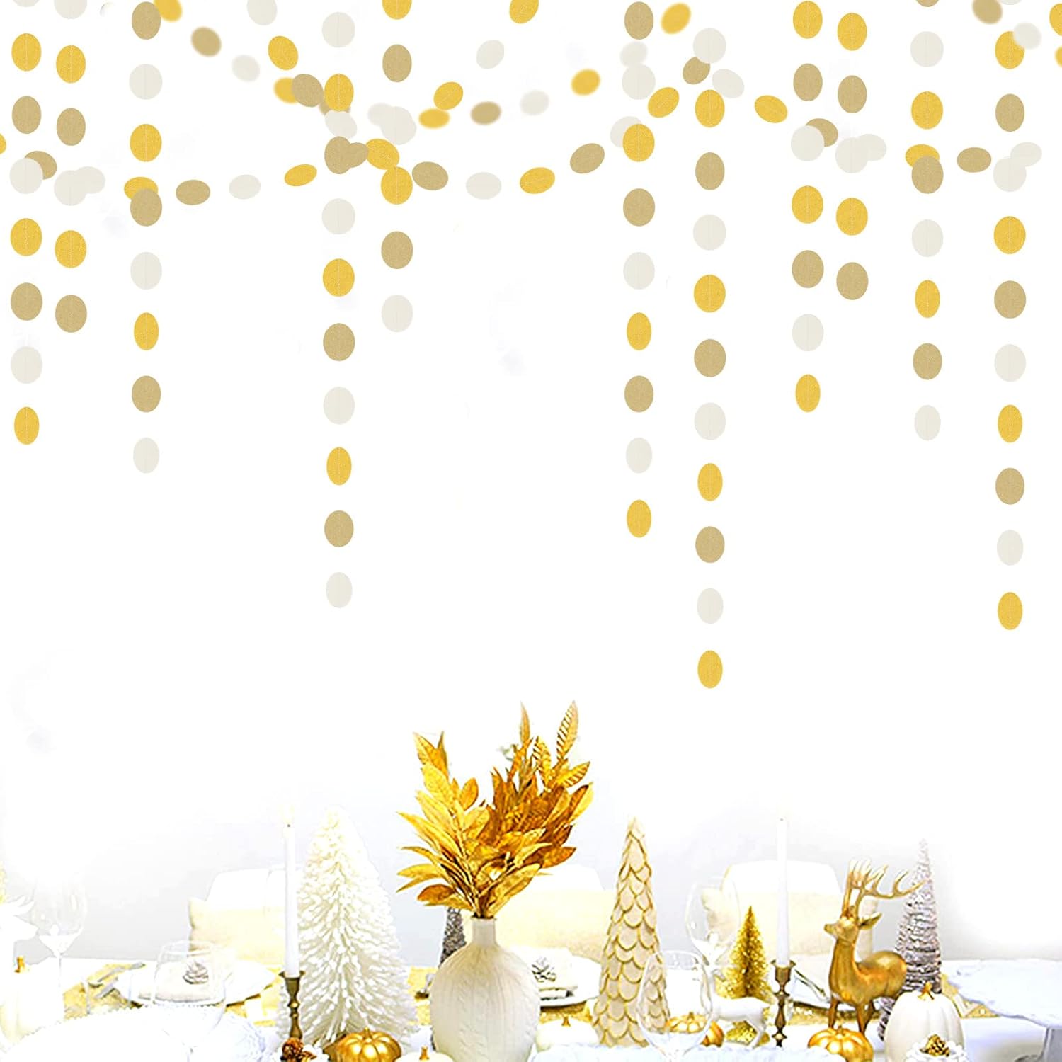 White-Gold Champagne Party-Decorations Streamers Garland - 52Ft Christmas Wedding Engagement Hanging Paper Banner,Bachelorette Neutral Baby Bridal Shower Decor Banners