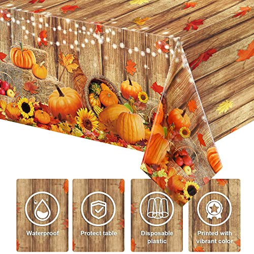 Fall Table Decoration Thanksgiving Fall Tablecloth Wood Grain Maple Party Table Cover Autumn Pumpkin Harvest Tablecovers Decor for Thanksgiving Dining Gathering Table Protector, 54 x 108 Inch (3 Pack)