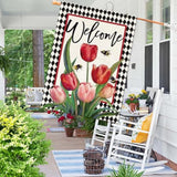 Spring Easter Tulip Welcome House Flag 28 X 40 Inch Double Sided Burlap Spring Flowers Floral Buffalo Plaid Large Yard Flag Summer Holiday Seasonal Outdoor Outside Decoration