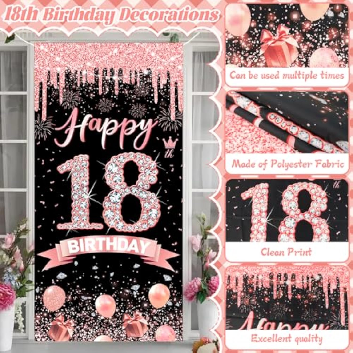 Rose Gold 18Th Birthday Decorations For Girls, Happy 18Th Birthday Decorations With Banner Backdrop For 18 Year Old Birthday Party Decoration Supplies
