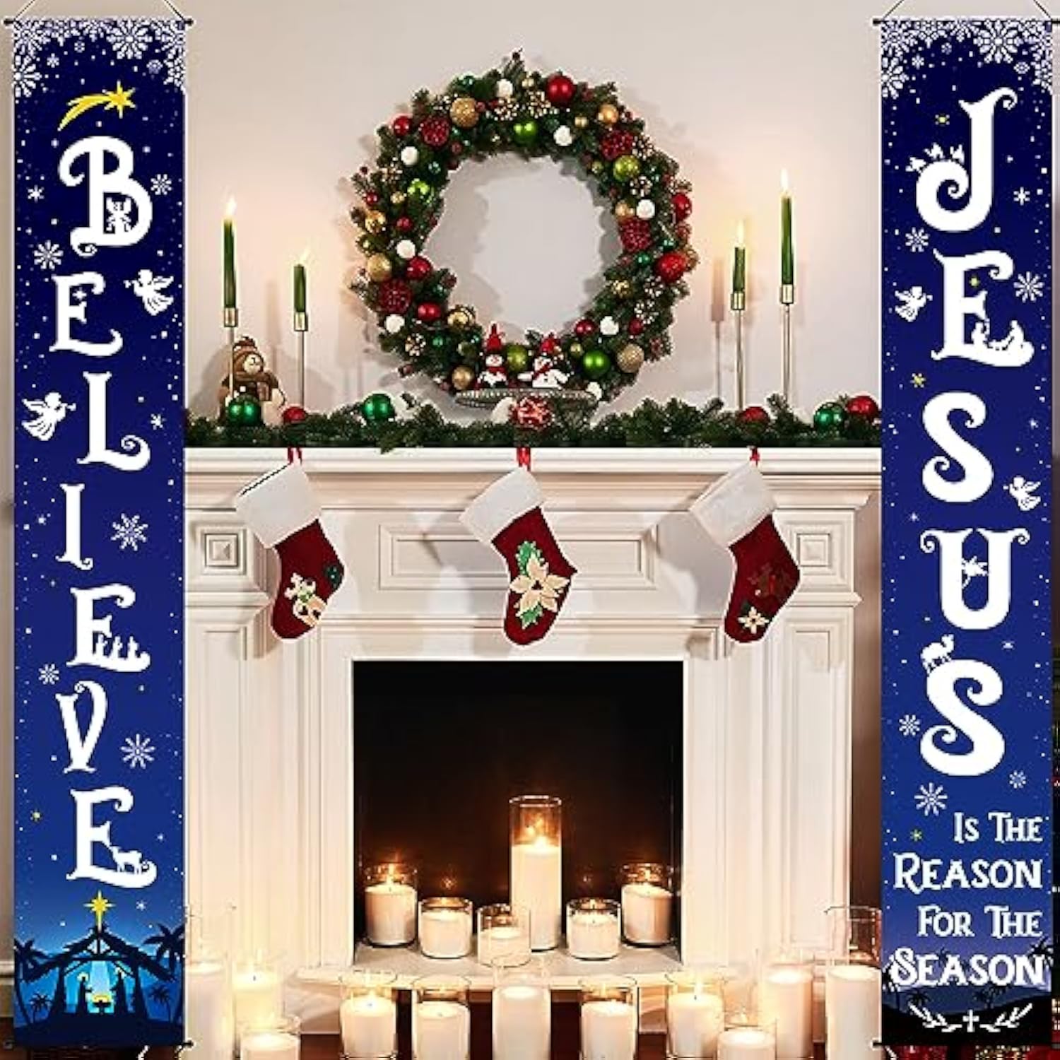 Christmas Front Porch Banners Winter Religious Nativity Scene Sign Holiday Hanging Banner Xmas Decoration For Front Door Believe Jesus Is The Reason For The Season 12 X 71 Inch (Snowflake)