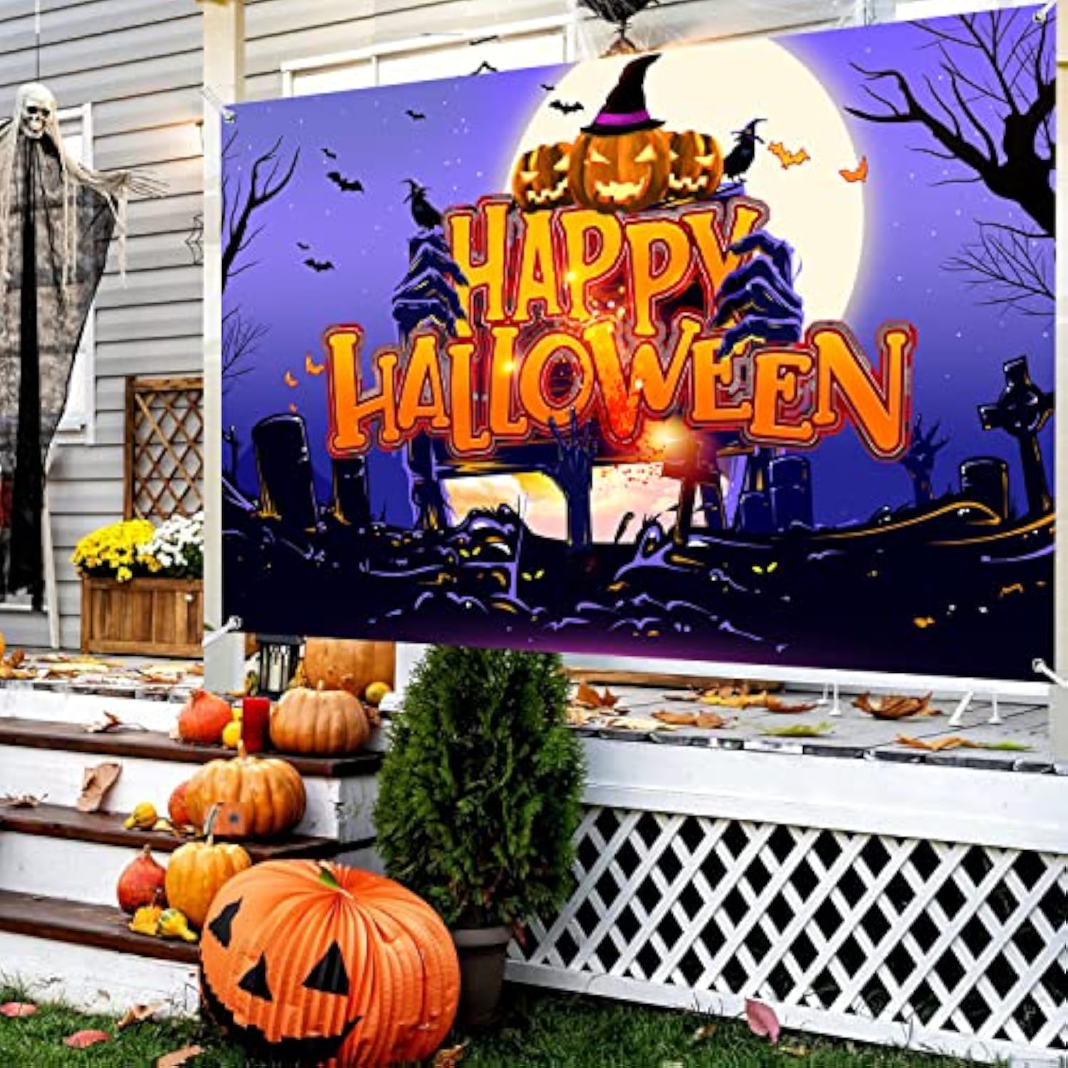 Purple Night Moon Cemetery Pumpkin Backdrop Banner Indoor Outdoor Halloween Decor Photography